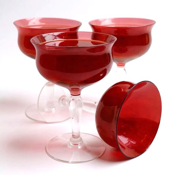 Set of 4 Vtg. 1950’s W. Virginia Glass Red Rose Lustre Cranberry Champagne Glass - Picture 1 of 8